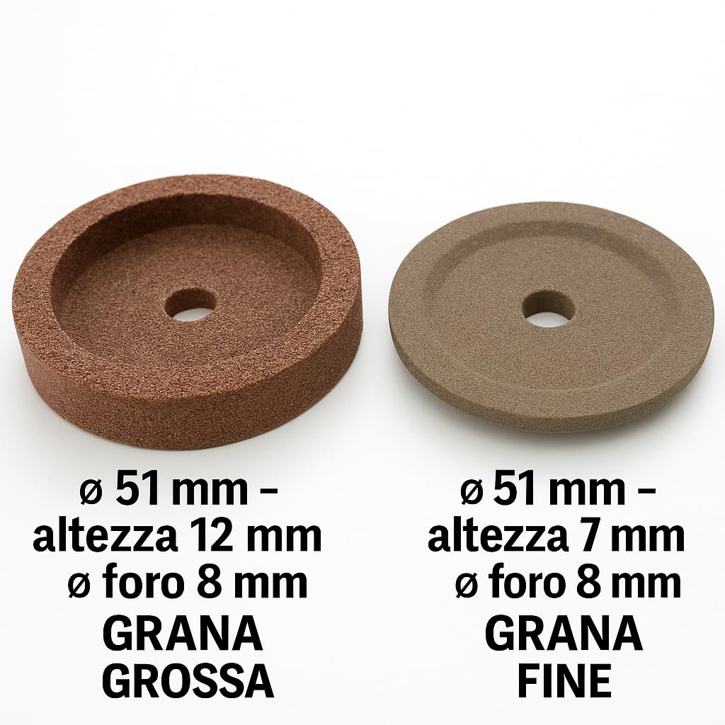 Coppia smerigli per affettatrice Ø51 mm – tazza grana grossa h12 mm foro 8 mm + gradino grana fine h7 mm foro 8 mm