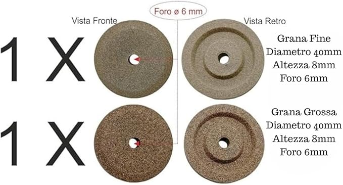 Coppia smerigli per affettatrice Ø40 mm – grana fine + grana grossa – altezza 8 mm – foro 6 mm